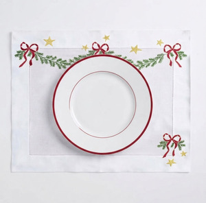 Wholesale Custom Traditional Linen Hemstitch Mat Set Embroidered <b>Red</b> <b>Bow</b> Pine Leafs Christmas Placemat Napkin Machine Washable - Product Image 3