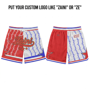 Pantalones Cortos Deportivos Personalizados de Malla de Algodón de 120g, con Paneles Rojo, Blanco y Azul, Transpirables, Impermeables, de Secado Rápido, Ecológicos, con Logotipo en la Parte Delantera - Product Image 1