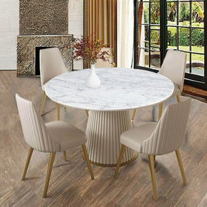 ชุดโต๊ะอาหารหินอ่อนสีเบจพร้อมเก้าอี้ 4 ตัว หนังสังเคราะห์ ไม้มะฮอกกานีแท้ เฟอร์นิเจอร์หรูหราสำหรับโรงแรมและห้องครัว - Product Image 2
