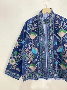 Floral Suzani <b>Velvet</b> Embroidered Boho Jacket <b>Women</b> Navy Blue Ethnic Short <b>Coat</b> Winter Autumn Wear - Product Image 3