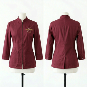 Veste de barbier pour femme, 240 GSM, coton poly premium, design à panneaux marron, logo brodé, style uniforme personnalisé - Product Image 1