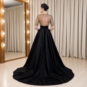 Designer Black Evening Gown with Hand Embellished Gold <b>Sequin</b> Bodice High Waist Fit and <b>Flare</b> Silhouette Dramatic Prom Gown - Product Image 3