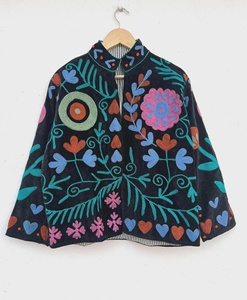 Ethnic Style Winter Jacket Velvet Suzani Cropped Bohemian <b>Coat</b> with Floral Embroidery for Festivals or Casual Wear - Product Image 1