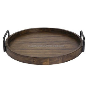 Bandeja de servicio decorativa de madera redonda, con asas, madera/hierro, acabado de madera, para café, con buena calidad - Product Image 1