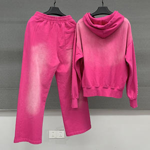 Ensemble survêtement et sweat à capuche pour femme en molleton French Terry 500 GSM, style streetwear, zippé, délavé à l'acide, avec strass - Product Image 2