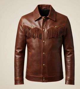 Men's Brown Leather <b>Jacket</b> With <b>Fringe</b> Decoration Turn-down Collar Casual Style Autumn Wear - Product Image 4