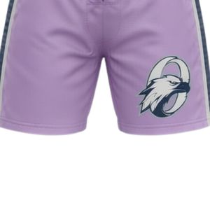 Shorts de sport pour hommes, imprimés sublimés violet, en polyester, avec cordon de serrage et bande latérale, pour l'entraînement et la performance - Product Image 6