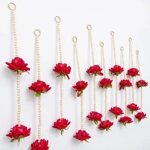 Décoration murale florale avec pompons perlés et roses rouges pour la décoration de mariage, décoration romantique pour salon intérieur - Product Image 4