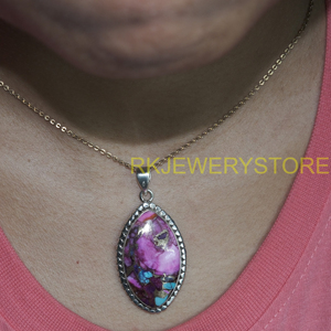 Pendentif en turquoise rose naturelle, argent sterling 925, bijoux en pierres précieuses faits à la main, forme marquise, design bohème vintage pour elle - Product Image 2