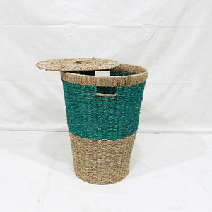 Panier à linge rond multifonctionnel en jonc de mer écologique, rustique, avec couvercle, bicolore, grand panier de rangement pour vêtements tressé - Product Image 2
