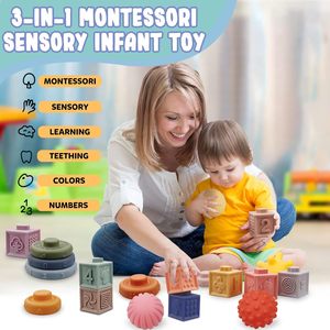 Jouets Montessori Blocs de construction empilables souples Anneaux Boules Ensembles 3 en 1 Jouets pour bébés Ensemble pour tout-petits - Product Image 2