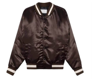 Men's Brown Satin Varsity Jacket Regular Fit Solid Color Turn-down Collar Button Closure Left Sleeve Logo Autumn Casual Wear - Product Image 6