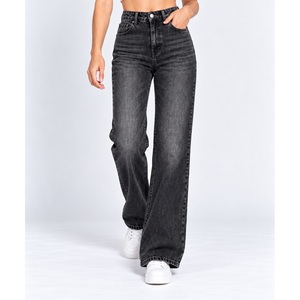 Jeans de mezclilla de cintura alta para mujer, de pierna recta, con túnel frontal ancho para cinturón, lavado negro - Product Image 5