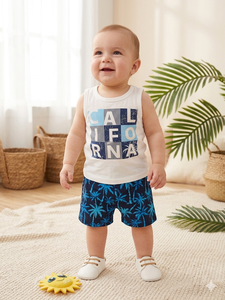 Conjunto de chaleco y pantalones cortos de algodón con estampado de palmeras California Dream de Little Sailors Boys, perfecto para uso diario - Product Image 1
