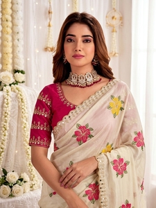 AARA Fashion - Sari de Seda con Bordado Floral Crema y Blusa Rosa para Boda, Traje Tradicional Indio para Mujer, Largo hasta el Suelo - Product Image 2