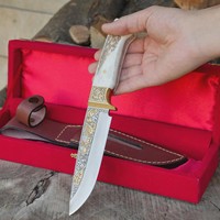 Couteau Bowie FH-116 sur mesure OEM, fait main, qualité industrielle, modèle à pointe tombante, lame droite en acier inoxydable, manche en corne et laiton, cuir