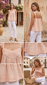 Haut d'été sans manches à volants, détails en dentelle, coupe classique, en coton tissé, col cœur, bretelles spaghetti, ourlet évasé, plissé, uni - Product Image 4