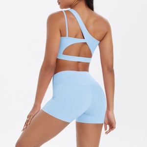 One Shoulder Asymmetric Crop Top High Waist Shorts 2 Piece Yoga Set Seamless Breathable Solid Light <b>Blue</b> Activewear - Product Image 3