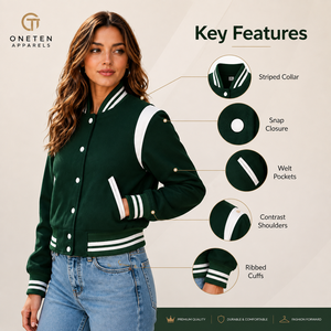 Women's Cropped Varsity Jacket Green <b>White</b> Contrast Panel Snap Closure OEM Supplier Custom Logo - Product Image 4