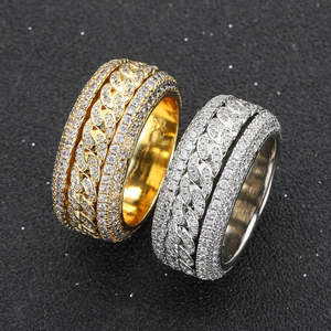 RB Gems VVS Moissanite Pave Setting <b>Spinner</b> <b>Ring</b> 925 Sterling Silver Yellow Vermeil Platinum Plating Iced Cuban Link Band - Product Image 4