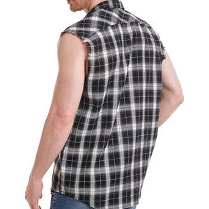 Camisa sin mangas a cuadros para hombre, camisa casual sin mangas con botones estilo vaquero y borde deshilachado - Product Image 2