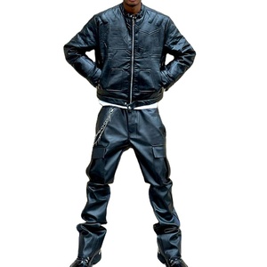 Men Black Leather Look Tracksuit Full Length Streetwear Set Zipper Fly Heavyweight Polyester Winter Outfit - Product Image 4