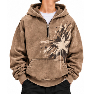 Mens Urban Acid Wash Quarter <b>Zip</b> <b>Hoodie</b> Custom Clothing Factory OEM ODM Wholesale Cotton Fleece Kangaroo <b>Pocket</b> Apparel Exporter - Product Image 3