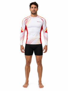 Rashguard à manches longues pour homme, blanc, rouge, jaune, imprimé par sublimation, manches complètes, spandex, polyester, anti-UV, pour activités de plein air - Product Image 1