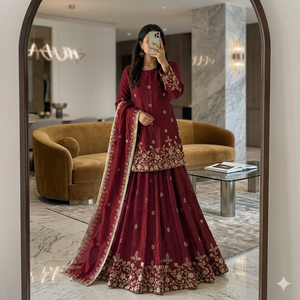 Ensemble Kurta et Jupe en Organza Bourgogne de Luxe avec Dupatta Festonné – Prêt à Expédier – Tenues Traditionnelles Indiennes de Mariée – Vente en Gros pour Fêtes - Product Image 1