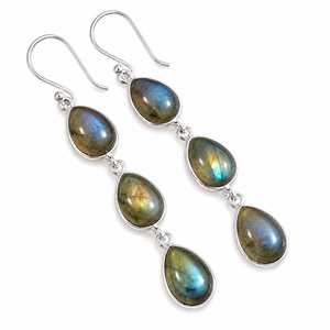 Boucles d'oreilles pendantes en pierre précieuse naturelle de labradorite irisée en forme de goutte, faites à la main, en laiton plaqué argent, style bohème, bijoux fantaisie, cadeau - Product Image 1