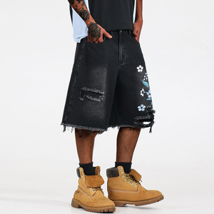 Pantalones Cortos Bermuda de Mezclilla Negros para Hombre con Bordado Floral, Dobladillo Desgarrado, Estilo Urbano, Algodón Tejido, Cintura Media, Cierre de Botones - Product Image 5