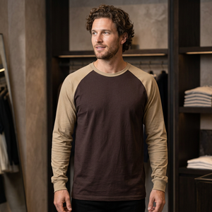 T-shirt décontracté pour homme en coton tricoté 100 %, coupe droite, col rond, manches raglan, couleur unie, bordure contrastante sur le devant, anti-plis - Product Image 6