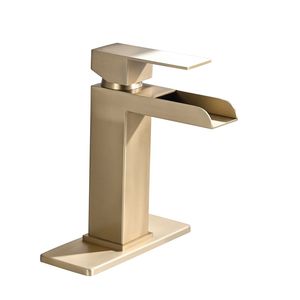 Rubinetto da Bagno Monocomando a Cascata Oro Spazzolato, 1-3 Fori, con Piastra di Fissaggio Solida per Lavabo - Product Image 2