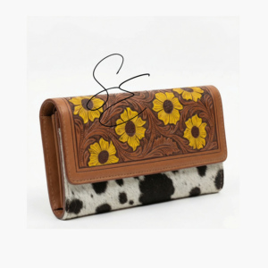Portefeuille long pour femme en cuir véritable de vache à poils, sculpté à la main motif tournesol, style vintage floral, pochette de cowgirl, OEM - Product Image 3