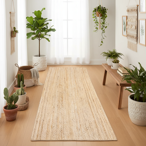 Tapis de couloir moderne en jute, rectangulaire, couleur beige, tissage plat, avec envers antidérapant en caoutchouc, pour salon, à poils ras. - Product Image 5