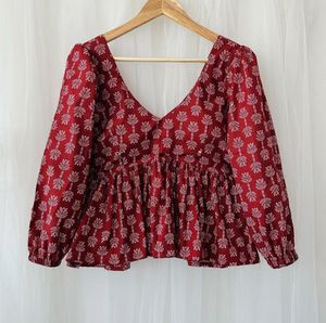 Wholesale Women Floral Printed <b>Boho</b> Peplum Blouse Long Sleeve V Neck Woven Loose Fit 100% Cotton Eco-Friendly Casual Summer OEM - Product Image 1