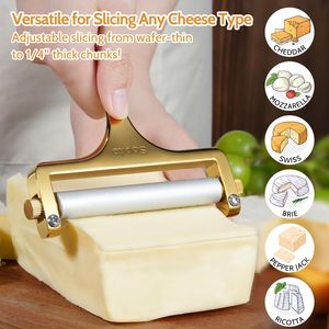 Idéal pour le cheddar, le gruyère, la raclette, la mozzarella - Trancheuse à fromage en acier inoxydable avec 3 fils supplémentaires dorés - Product Image 3