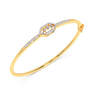 Geometric <b>Frame</b> Diamond Bangle with Yellow Gold Slim Band and <b>Floating</b> Triple Stone Center Design - Product Image 2
