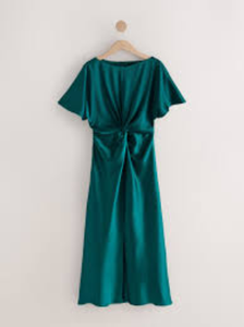 <b>Emerald</b> Green Satin Sheath Gown V Neck Ruched Bodycon Mid-Calf <b>Dress</b> Short Sleeve Breathable Eco-Friendly Formal Party Wear - Product Image 6