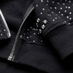 Men's Black Hooded Sweatshirt With Rhinestone Dot Pattern And Trust Logo Front Zipper Regular Fit French Terry Material - Product Image 6