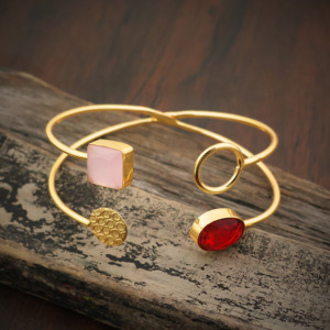 Fashion 18K Gold Plated Open <b>Bangle</b> <b>Bracelet</b> Women Geometric Cuff Jewelry Garnet Quartz and Rose Quartz Gemstone - Gift for her - Product Image 1
