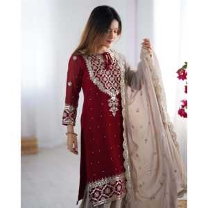 Conjunto de Top, Pantalones Palazzo y Dupatta de Chifón para Fiesta, con Bordado, Elegante y con Estilo - Product Image 5