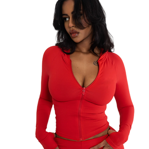 Combinaison moulante rouge à capuche pour femme, manches longues, taille haute, fermeture éclair, effet ventre plat, tenue de club, couleur unie, longueur intégrale - Product Image 4