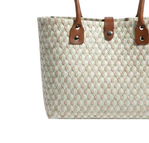 Eco Friendly Woven Plastic Handbag And Handmade <b>Bag</b> Light Pink <b>White</b> Patterned Daily <b>Shoulder</b> Tote With Brown Straps - Product Image 4