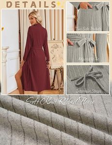 Women's Knitted Robe Solid Color Long Sleeve V-Neck Belted <b>Wrap</b> Dress Pockets Machine Washable Hypoallergenic Microfiber - Product Image 5