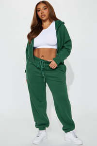 Ensemble de survêtement pour femme, vert, à capuche, avec fermeture éclair, haut court, manches longues, couleur unie, décontracté, avec poches latérales - Product Image 2