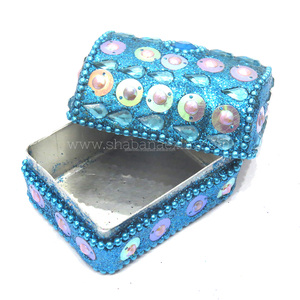 Caja de Joyería Cuadrada Azul con Cuentas y Lentejuelas, Hecha a Mano, Caja Decorativa para Guardar Objetos Pequeños, para Empaque de Regalos de Boda - Product Image 1