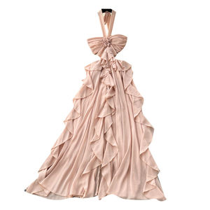 Elegante Vestido Halter Sin Espalda con Volantes, Pedrería, Cintura Alta, Ajuste Delgado, Recto, Transpirable, de Algodón y Gasa - Product Image 5