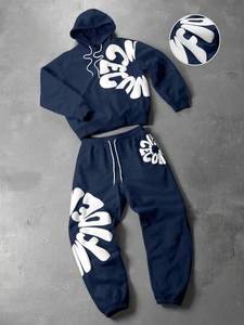 Conjunto Deportivo Unisex con Sudadera con Capucha y Pantalones Jogger, Color Sólido, Casual, Manga Larga, Cintura Elástica, Estampado de Letras - Product Image 4