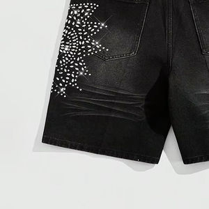 Short en jean pour homme personnalisé, style streetwear hip-hop, avec strass, coupe baggy, effet vieilli, délavé à l'acide, fabrication OEM - Product Image 3